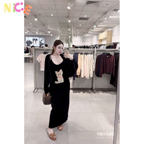 Bộ Váy Nhung Dễ Thương Thêu Mèo Kèm Áo Choàng - Thời Trang Nữ Phong Cách Kawaii, Mặc Dạo Phố, Gợi Ý Quà Tặng Hấp Dẫn