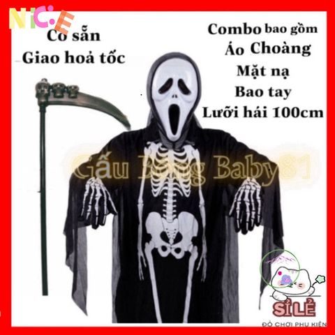 Bộ trang phục Halloween Thần Chết - Áo choàng, Mặt nạ, Lưỡi hái 1m và Găng tay cho bữa tiệc hóa trang, Lễ hội ma mị