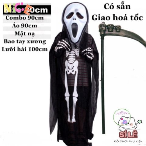 Bộ trang phục Halloween Thần Chết - Áo choàng, Mặt nạ, Lưỡi hái 1m và Găng tay cho bữa tiệc hóa trang, Lễ hội ma mị