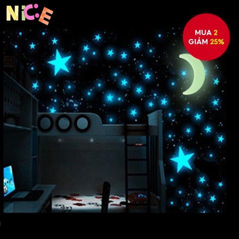 Bộ nhãn dán tường phát sáng 3D - 100 Ngôi sao và 1 Mặt trăng rực rỡ cho không gian lung linh vào ban đêm