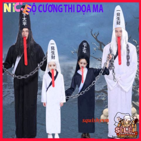 Trang Phục Halloween Hắc Bạch Vô Thường - Áo Choàng Đáng Sợ, Găng Tay Xương, Kính LED Đỏ - Hóa Thân Thú Vị Cho Tiệc Halloween