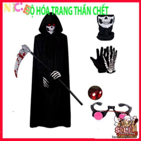 Bộ Trang Phục Thần Chết Grim Reaper Halloween - Áo Choàng Đen Bí Ẩn, Găng Tay và Mặt Nạ Cosplay cho Tiệc Ma Quái