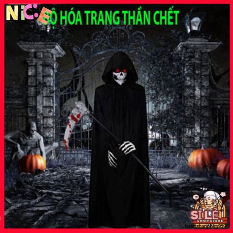Bộ Trang Phục Thần Chết Grim Reaper Halloween - Áo Choàng Đen Bí Ẩn, Găng Tay và Mặt Nạ Cosplay cho Tiệc Ma Quái