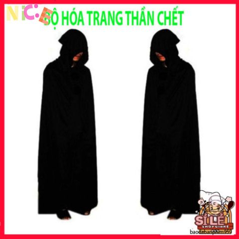 Bộ Trang Phục Thần Chết Grim Reaper Halloween - Áo Choàng Đen Bí Ẩn, Găng Tay và Mặt Nạ Cosplay cho Tiệc Ma Quái
