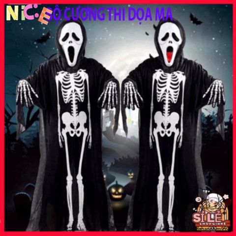 Bộ Trang Phục Halloween Hình Khung Xương - Áo Dài, Mặt Nạ & Găng Tay Xương - Đồ Hóa Trang Độc Đáo Cho Bữa Tiệc Ma Quái