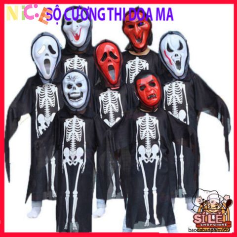 Bộ Trang Phục Halloween Hình Khung Xương - Áo Dài, Mặt Nạ & Găng Tay Xương - Đồ Hóa Trang Độc Đáo Cho Bữa Tiệc Ma Quái