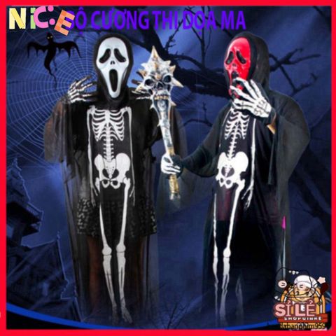 Áo Choàng Hóa Trang Ma Quái - Bộ Trang Phục Halloween Hình Bọ Cạp, Dơi, Đầu Lâu, Kèm Mặt Nạ và Găng Tay Xương