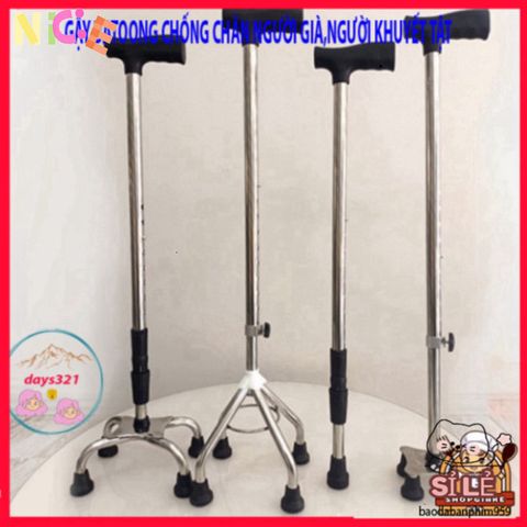 Gậy Tập Đi 4 Chân INOX Điều Chỉnh Chiều Cao - Dụng Cụ Hỗ Trợ Di Chuyển An Toàn, Bền Bỉ Cho Người Già và Người Khuyết Tật