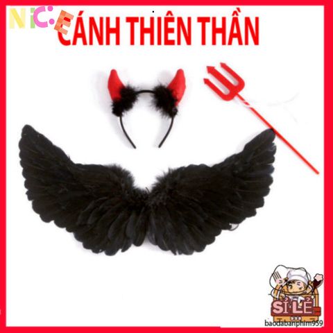 Bộ 3 Phụ Kiện Halloween - Cánh Đen Huyền Ảo và Đũa Phép Lông Quỷ Kỳ Diệu cho Trẻ Em - Trang Phục Tiệc Độc Đáo