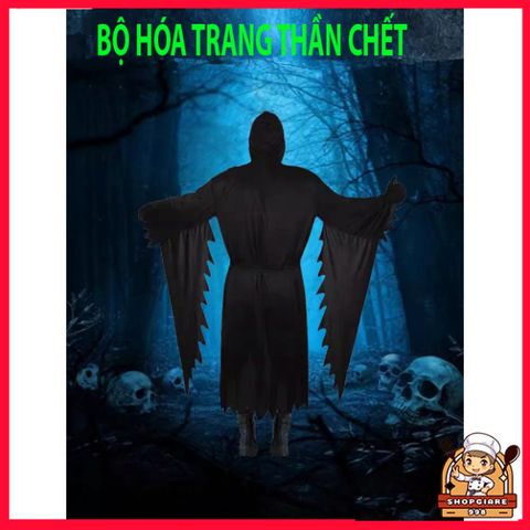 Bộ Trang Phục Thần Chết Halloween cho Người Lớn - Áo Dài, Găng Tay & Mặt Nạ Bí Ẩn (1,65m-1,8m)