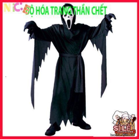 Bộ Trang Phục Thần Chết Halloween cho Người Lớn - Áo Dài, Găng Tay & Mặt Nạ Bí Ẩn (1,65m-1,8m)