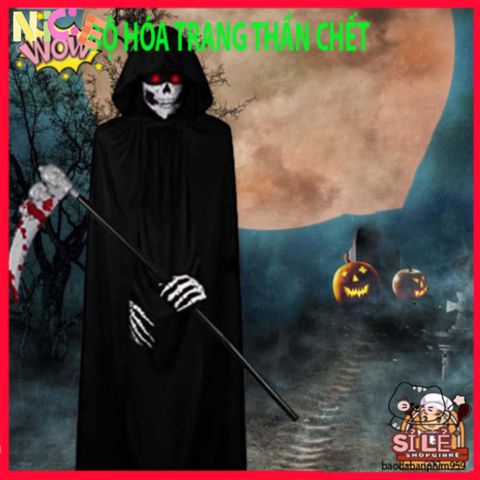 Bộ Trang Phục Halloween Thần Chết - Áo Choàng Có Mũ, Găng Tay Xương Sợ Hãi - Thời Trang Hóa Trang Độc Đáo Cho Tiệc Tùng