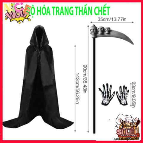 Bộ Trang Phục Halloween Thần Chết - Áo Choàng Có Mũ, Găng Tay Xương Sợ Hãi - Thời Trang Hóa Trang Độc Đáo Cho Tiệc Tùng
