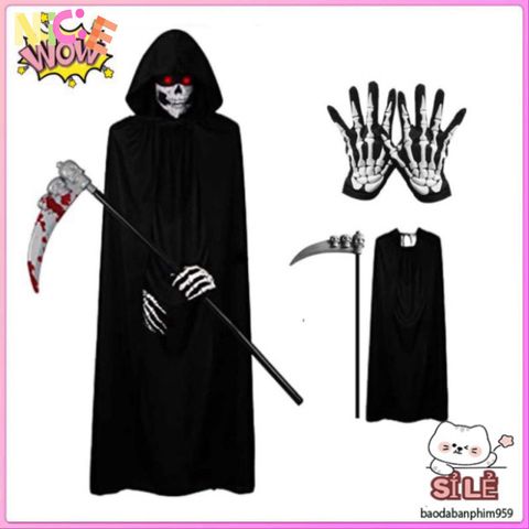 Bộ Trang Phục Halloween Thần Chết - Áo Choàng Có Mũ, Găng Tay Xương Sợ Hãi - Thời Trang Hóa Trang Độc Đáo Cho Tiệc Tùng