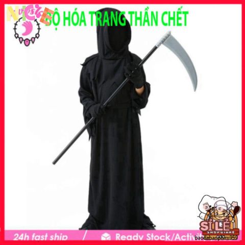 Bộ Trang Phục Thần Chết Halloween Cho Trẻ Em - Gói Đồ Hóa Trang Đầy Đủ Cùng Mũ, Áo Choàng, Găng Tay và Kính Đen