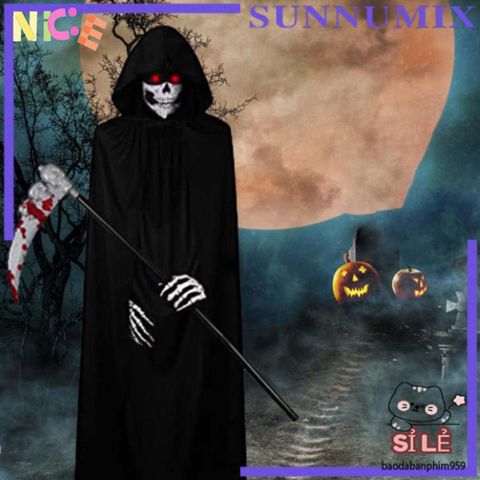 Bộ Trang Phục Halloween Thần Chết 3 Món - Áo Choàng Đầu Ma Quái, Áo Khoác và Găng Tay Xương Độc Đáo cho Bữa Tiệc Hóa Trang