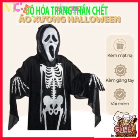 Áo Xương Halloween BT72 Kèm Mặt Nạ Thần Chết - Trang Phục Ma Mị Độc Đáo Cho Lễ Hội Hóa Trang