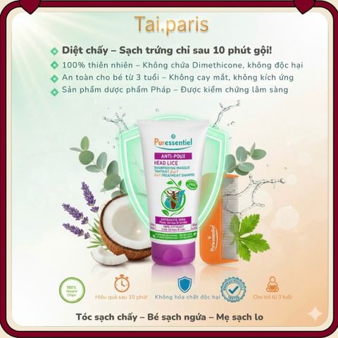 Dầu Gội Diệt Chấy Trứng Chấy Puressentiel 2 trong 1 150ML - Hiệu quả Loại bỏ Chấy và Trứng Chấy, cho Cả Gia Đình