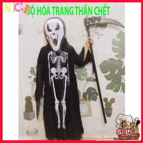 Bộ Trang Phục Thần Chết Cho Trẻ Em - Áo Choàng, Mặt Nạ & Lưỡi Hái Halloween, Hóa Trang Độc Đáo Dành Cho Tiệc Ma Quái