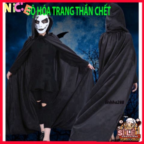 Bộ Trang Phục Thần Chết Halloween Cao Cấp - Áo Quần Ma Quái Cho Nam Nữ Với Mặt Nạ Ám Ảnh, Găng Tay Ấn Tượng