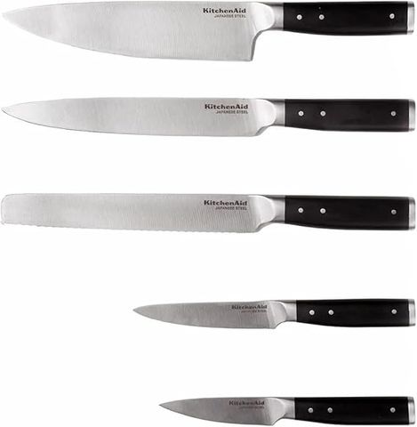 Bộ dao KitchenAid 5 món - Dao đầu bếp, dao cắt bánh, dao thái thịt trong giá gỗ - Dụng cụ nhà bếp tiện dụng, dễ bảo quản
