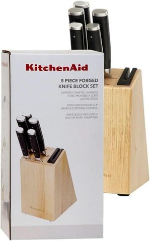 Bộ dao KitchenAid 5 món - Dao đầu bếp, dao cắt bánh, dao thái thịt trong giá gỗ - Dụng cụ nhà bếp tiện dụng, dễ bảo quản