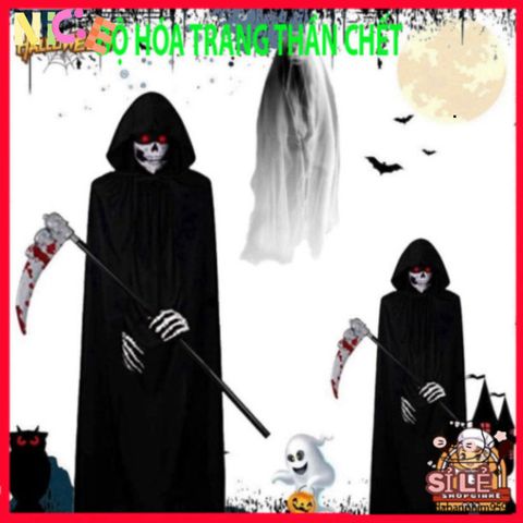 Áo Choàng Thần Chết Halloween Đen Đỏ - Trang Phục Tiệc Halloween Cho Người Lớn & Trẻ Em, Dài 90-120cm, Nón Kèm Theo