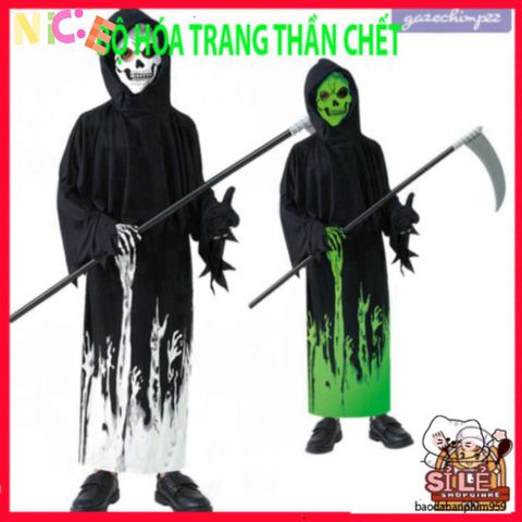 Set Trang Phục Halloween Thần Chết Cho Bé - Áo Choàng Phát Sáng, Mũ Và Găng Tay Dễ Thương, Phù Hợp Tuổi 7-9
