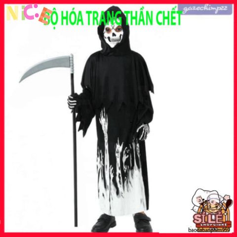 Set Trang Phục Halloween Thần Chết Cho Bé - Áo Choàng Phát Sáng, Mũ Và Găng Tay Dễ Thương, Phù Hợp Tuổi 7-9
