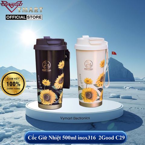 Cốc Giữ Nhiệt Inox 316 500ml 2GOOD C29 Họa Tiết Hoa Hướng Dương - Kèm Ống Hút Tiện Lợi, Hàng Chính Hãng