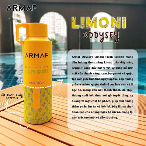 Xịt Thơm Toàn Thân Armaf Odyssey Limoni Fresh Edition 200ml - Hương Quế Sang Trọng, Tươi Mát, Chính Hãng, Duy Trì Sự Tự 