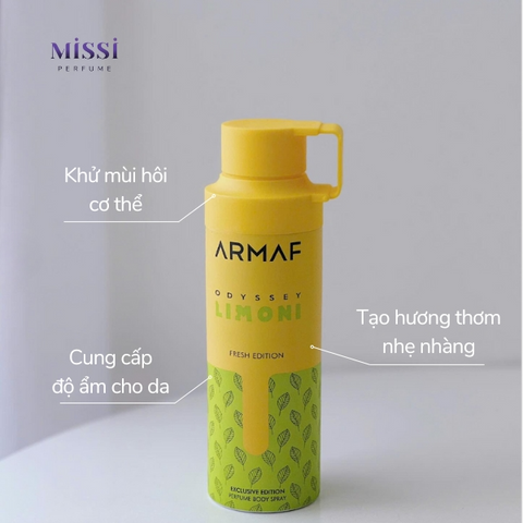 Xịt Thơm Toàn Thân Armaf Odyssey Limoni Fresh Edition 200ml - Hương Quế Sang Trọng, Tươi Mát, Chính Hãng, Duy Trì Sự Tự 