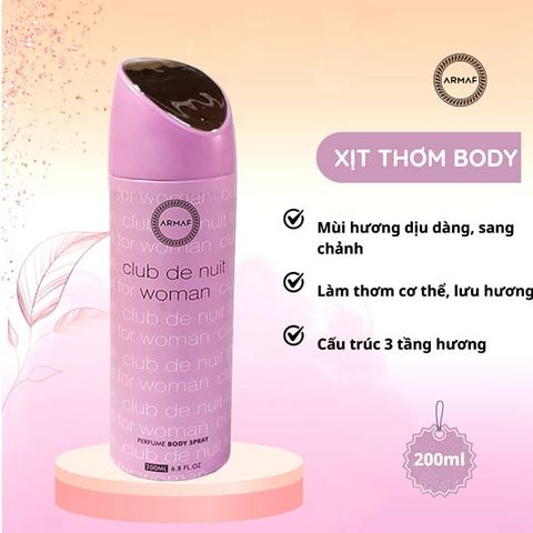 Xịt Thơm Toàn Thân Nữ Armaf Club De Nuit Woman 200ml - Hương Nước Hoa Quyến Rũ, Cao Cấp, Giúp Khử Mùi, Tự Tin Tỏa Sáng