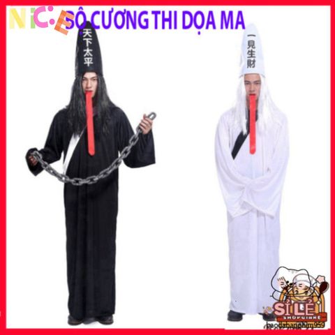 Bộ Trang Phục Cải Trang Halloween Diêm Vương Đen-Trắng Cho Người Lớn - Cosplay Hãi Hùng Độc Đáo, Kèm Phụ Kiện Tạo Phong Cách Ấn Tượng