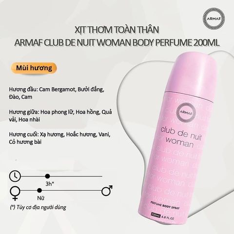 Xịt Thơm Toàn Thân Nữ Armaf Club De Nuit 200ml - Hương Nước Hoa Quyến Rũ, Sang Trọng, Quà Tặng Đặc Biệt Lý Tưởng