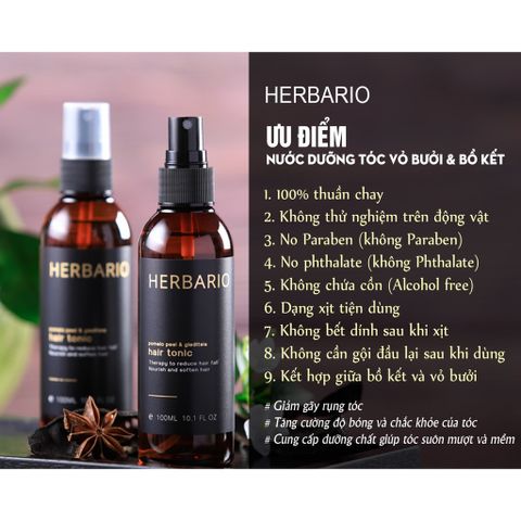 Nước Xịt Dưỡng Tóc Vỏ Bưởi & Bồ Kết Herbario 100ml - Dưỡng Ẩm, Kích Thích Mọc Tóc, Ngăn Rụng Tóc, Tự Nhiên & An Toàn