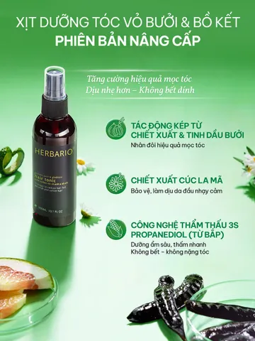 Nước xịt dưỡng tóc tinh dầu Vỏ Bưởi Pomelo và Bồ Kết Herbario 100ml - Chăm sóc tóc mềm mượt, nuôi dưỡng từ gốc đến ngọn