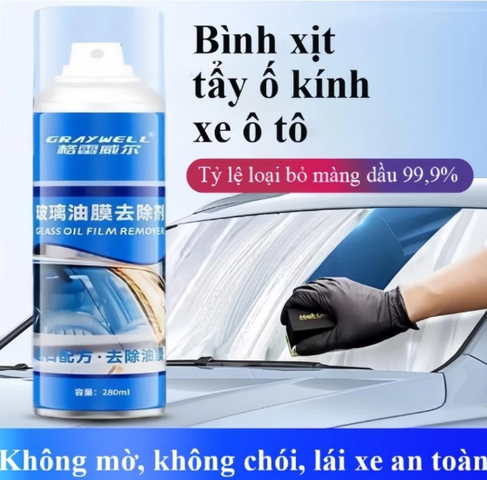 Bình Xịt Nano Tẩy Màng Dầu & Ố Kính Xe Hơi GRAYWELL 280ml - Sạch trong 3 phút, Chống Bám Bụi, Bảo Vệ Kính Ô Tô