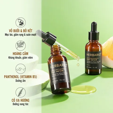 Serum Mọc Tóc Vỏ Bưởi & Bồ Kết Herbario 30ml - Chăm Sóc Tóc Tự Nhiên, Giúp Tóc Mọc Nhanh, Giảm Rụng Tóc - 100% Thuần Chay