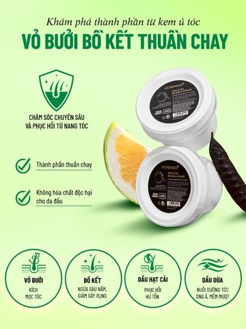 Kem ủ tóc bồ kết & vỏ bưởi Herbario 200ml - Dưỡng ẩm & nuôi dưỡng tóc mềm mại, óng ả tự nhiên, thuần chay.