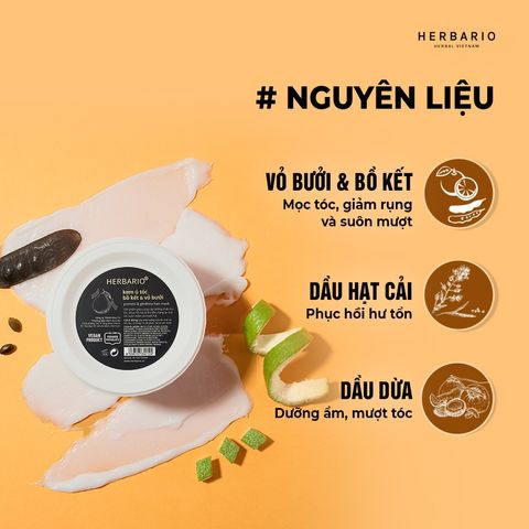 Kem ủ tóc bồ kết & vỏ bưởi Herbario 200ml - Dưỡng ẩm & nuôi dưỡng tóc mềm mại, óng ả tự nhiên, thuần chay.