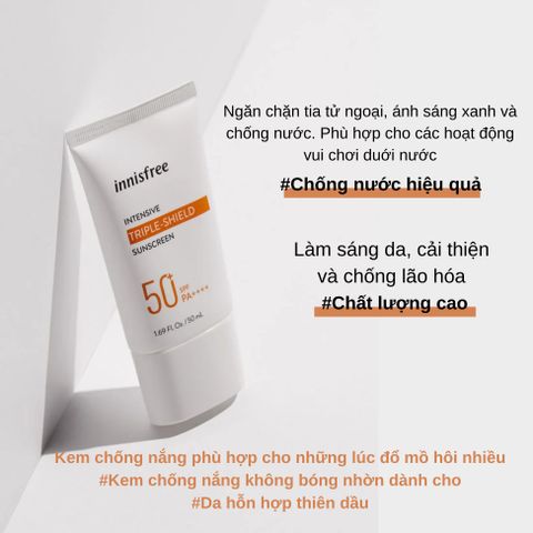 Kem Chống Nắng Innisfree Triple Shield SPF 50 - Bảo Vệ Da Toàn Diện, Dưỡng Ẩm, Chống Nắng Hiệu Quả, Phù Hợp Với Da Nhạy Cảm