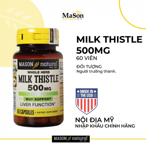 Viên uống hỗ trợ gan Mason Natural Whole Herb Milk Thistle 500mg - Giải độc gan, bổ sung thảo mộc tự nhiên, 60 viên mỹ phẩm chính hãng