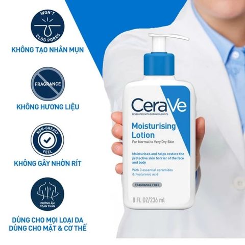 Sữa Dưỡng Ẩm Da CeraVe 236ml Chính Hãng - Dưỡng ẩm vượt trội cho da nhạy cảm, Gel Không Hương Liệu, Thành Phần An Toàn.