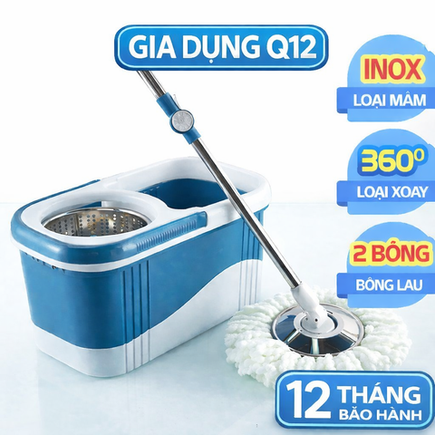 Bộ Lau Nhà Tự Vắt Xoay 360 Độ Inox Bánh Xe - Tặng Kèm Bông Lau Siêu Thấm, Dễ Dàng Vệ Sinh Sàn Gạch, Gỗ, Dưới Gầm Tủ