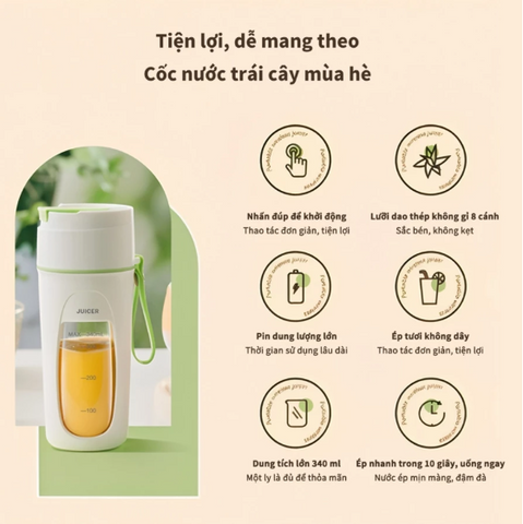 Máy Xay Sinh Tố Cầm Tay Mini - Dung Tích 340ml, Pin 3000mAh, Di Động Nhỏ Gọn Cho Chuyến Du Lịch, Công Suất 55W