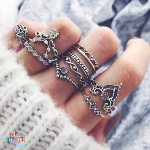 Bộ 10 Nhẫn Chạm Khắc Vintage - Trang Sức Đá Quý Nữ Tính, Nhẫn Cưới, Nhẫn Đính Hôn, Quà Tặng Phụ Nữ