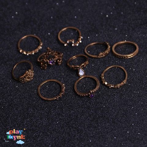 Bộ 10 Nhẫn Chạm Khắc Vintage - Trang Sức Đá Quý Nữ Tính, Nhẫn Cưới, Nhẫn Đính Hôn, Quà Tặng Phụ Nữ