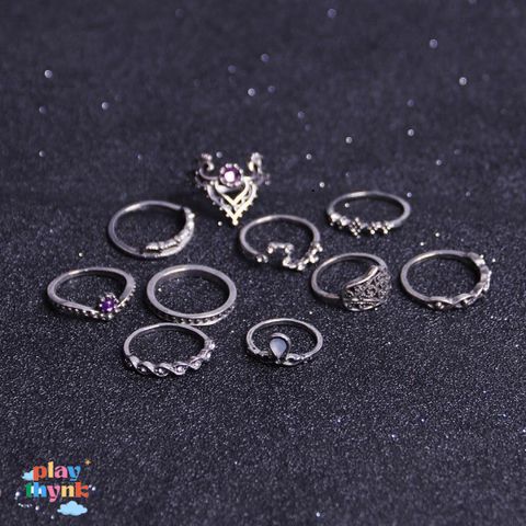 Bộ 10 Nhẫn Chạm Khắc Vintage - Trang Sức Đá Quý Nữ Tính, Nhẫn Cưới, Nhẫn Đính Hôn, Quà Tặng Phụ Nữ