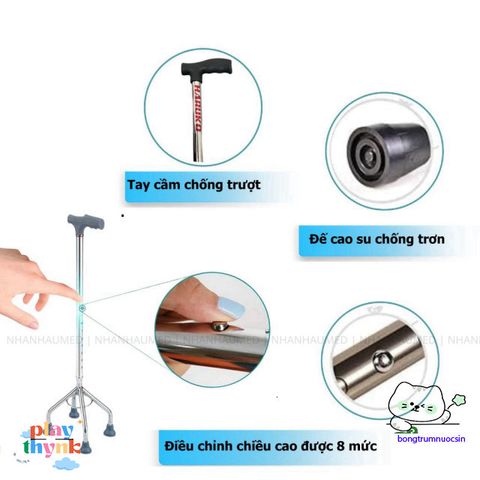 Gậy Chống Inox Haruko Dành Cho Người Già - Gậy 1 Chân, 3 Chân, 4 Chân Điều Chỉnh Cao, Thiết Kế Chống Trượt An Toàn, Quà Tặng Ý Nghĩa